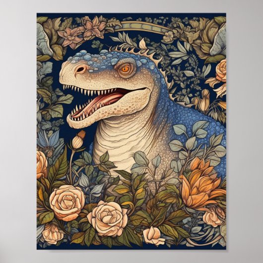 Dinosaurus en bloemen art nouveau stijl poster (Voorkant)
