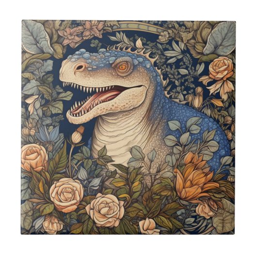 Dinosaurus en bloemen art nouveau stijl tegeltje (Voorkant)