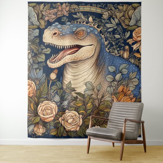 Dinosaurus en bloemen art nouveau stijl wandkleed (In situ)