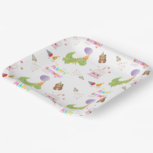 Dinosaurus en Cupcake Happy Birthday Design Papieren Bordje (Gebogen)