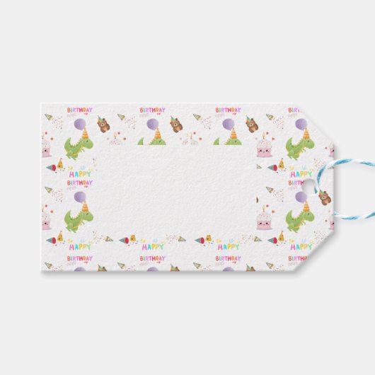 Dinosaurus en Cupcake Verjaardagsontwerp Cadeaulabel (Voorkant (Horizontaal))