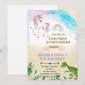 Dinosaurus en eenhoorn gezamenlijke verjaardagsuit kaart (Voorkant / Achterkant)