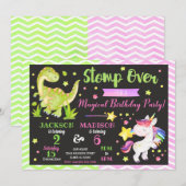 Dinosaurus en eenhoorn gezamenlijke verjaardagsuit kaart (Voorkant / Achterkant)