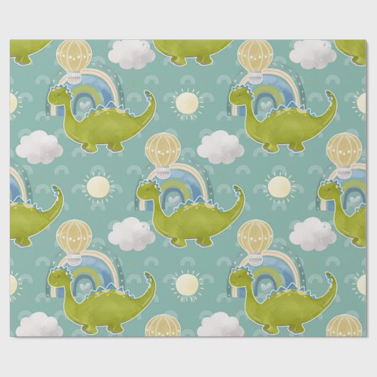 Dinosaurus en heteluchtballonpatroon Baby shower Cadeaupapier (Vlak)