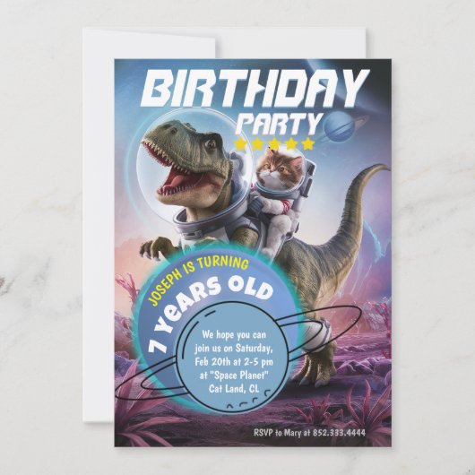 Dinosaurus en Kat Astronaut Verjaardagsfeest Kaart (Voorkant)