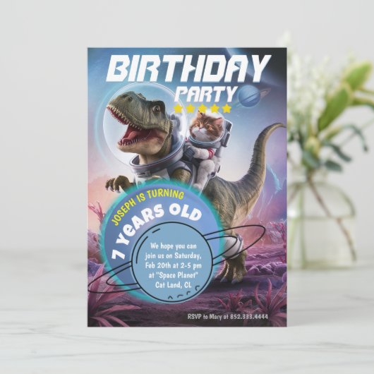 Dinosaurus en Kat Astronaut Verjaardagsfeest Kaart (Staand voorkant)