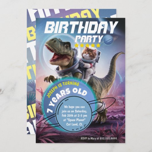 Dinosaurus en Kat Astronaut Verjaardagsfeest Kaart (Voorkant / Achterkant)