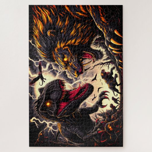 Dinosaurus en leeuwen vechten legpuzzel (Verticaal)