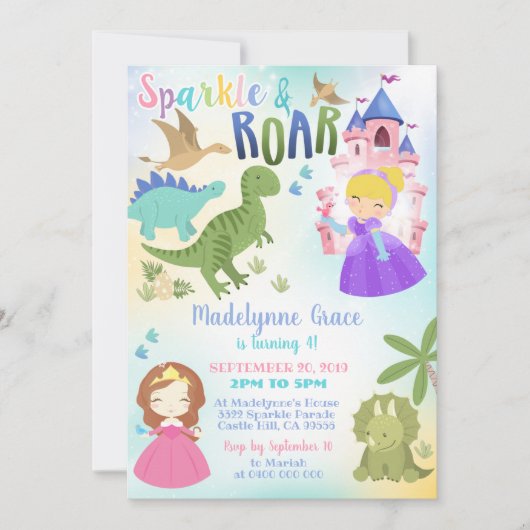 Dinosaurus en Prinses Uitnodiging Jongen Meisje (Voorkant)