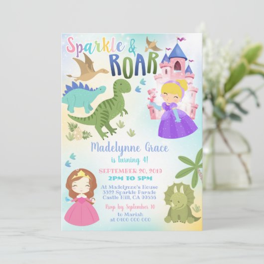 Dinosaurus en Prinses Uitnodiging Jongen Meisje (Staand voorkant)