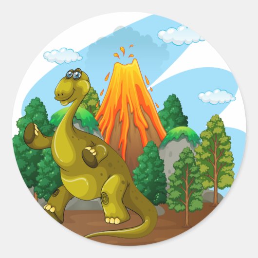 Dinosaurus- en vulkaanuitbarsting ronde sticker (Voorkant)