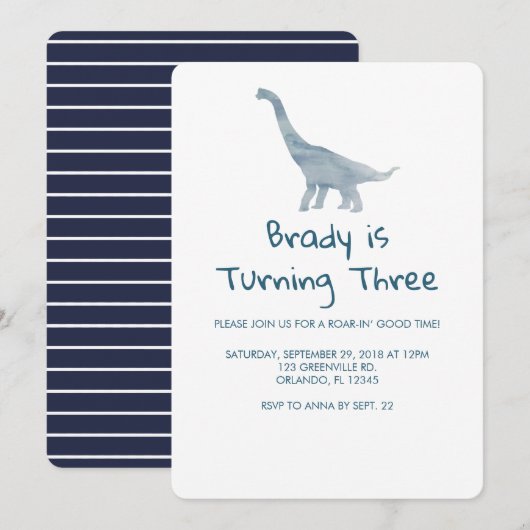 Dinosaurus Feest Uitnodiging Blauw Streep (Voorkant / Achterkant)