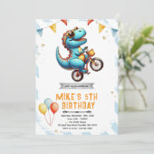 Dinosaurus fiets verjaardagsuitnodiging kaart (Staand voorkant)