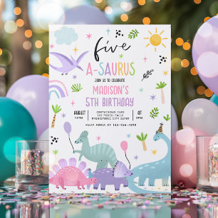 Dinosaurus Five-A-Saurs Roze 5e Verjaardagsfeest Kaart