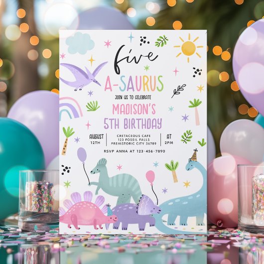 Dinosaurus Five-A-Saurs Roze 5e Verjaardagsfeest Kaart