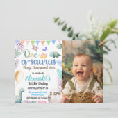 Dinosaurus Foto 1e Verjaardag One-A-Saurus Party Kaart (Staand voorkant)