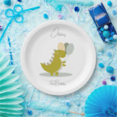 Dinosaurus Geel Groen Grijs Eerste Verjaardag Papieren Bordje (Feest)