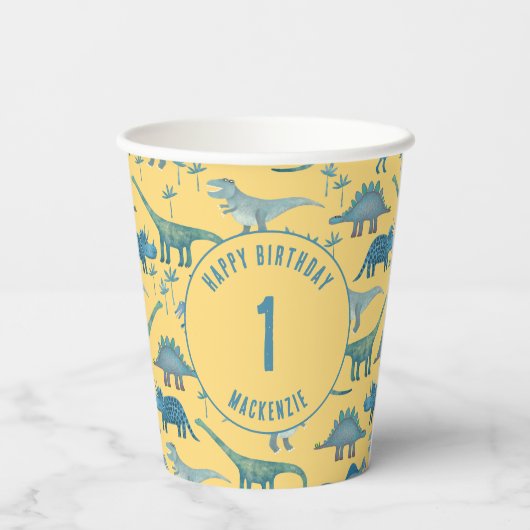 Dinosaurus gepersonaliseerde leeftijd kinderen ver papieren bekers (Achterkant)