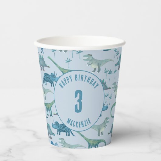 Dinosaurus gepersonaliseerde leeftijd kinderen ver papieren bekers (Voorkant)