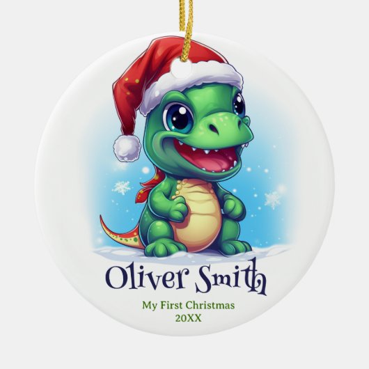 Dinosaurus Gepersonaliseerde naam Eerste Kerstmis Keramisch Ornament (Voorkant)