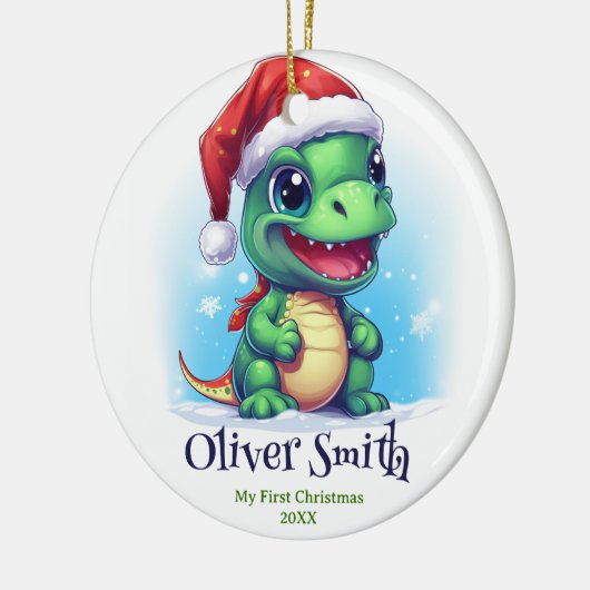 Dinosaurus Gepersonaliseerde naam Eerste Kerstmis Keramisch Ornament (Links)