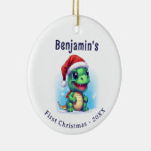 Dinosaurus Gepersonaliseerde naam Eerste Kerstmis Keramisch Ornament (Rechts)