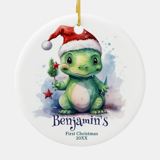 Dinosaurus Gepersonaliseerde naam Eerste Kerstmis Keramisch Ornament (Achterkant)