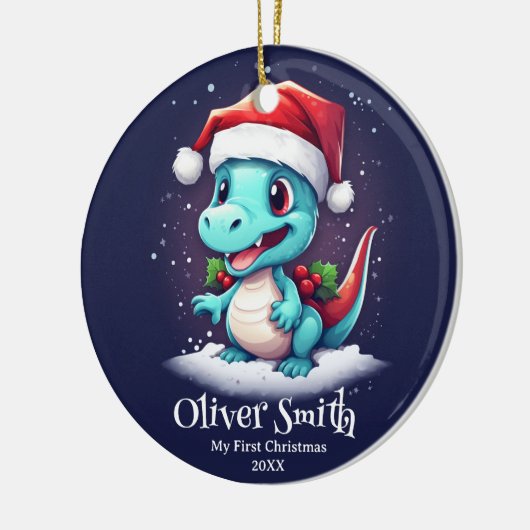 Dinosaurus Gepersonaliseerde naam Eerste Kerstmis Keramisch Ornament (Links)