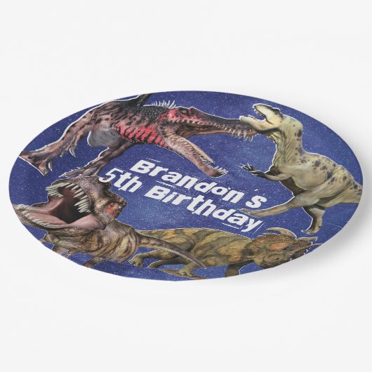 Dinosaurus gepersonaliseerde T-Rex jongens verjaar Papieren Bordje (Gekanteld)