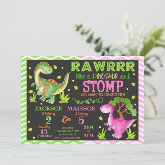 Dinosaurus Gezamenlijke Verjaardag Uitnodiging voo (Staand voorkant)
