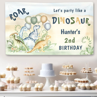 Dinosaurus Groen Blauw Pastel Jongen Verjaardag Spandoek