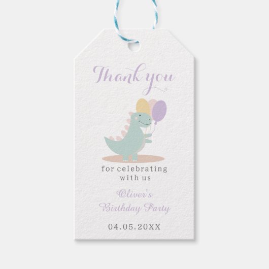 Dinosaurus groen grijs eerste verjaardag dank u cadeaulabel (Voorkant)