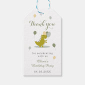 Dinosaurus groen grijs eerste verjaardag dank u cadeaulabel (Voorkant)