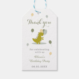 Dinosaurus groen grijs eerste verjaardag dank u cadeaulabel