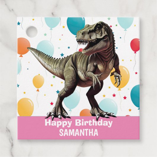 Dinosaurus Happy Birthday Roze Bedankjes Labels (Voorkant)