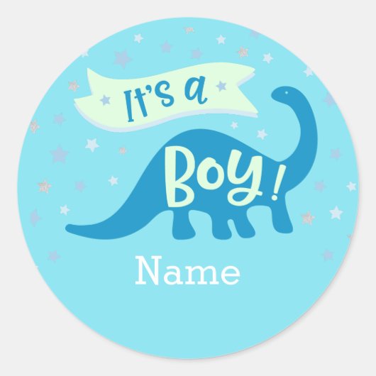 Dinosaurus Het is een jongen Baby shower Sticker (Voorkant)