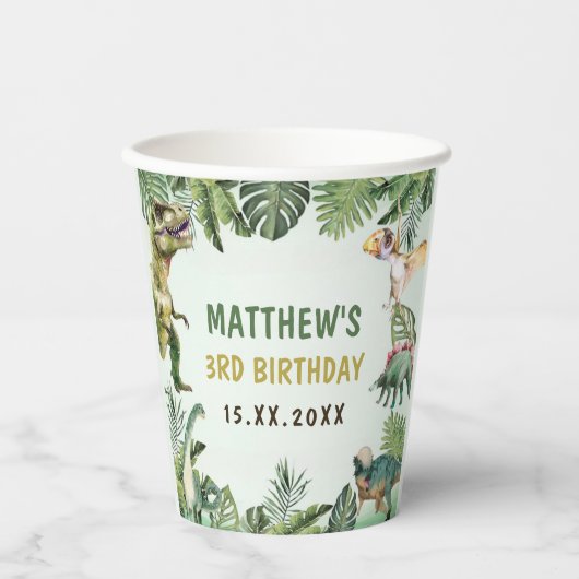 Dinosaurus Jongen 3e Verjaardagsfeestje Papieren Bekers (Voorkant)