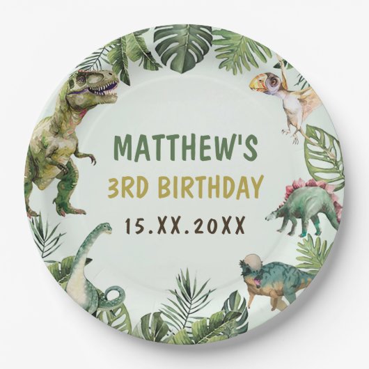 Dinosaurus Jongen 3e Verjaardagsfeestje Papieren Bordje (Voorkant)