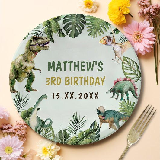 Dinosaurus Jongen 3e Verjaardagsfeestje Papieren Bordje