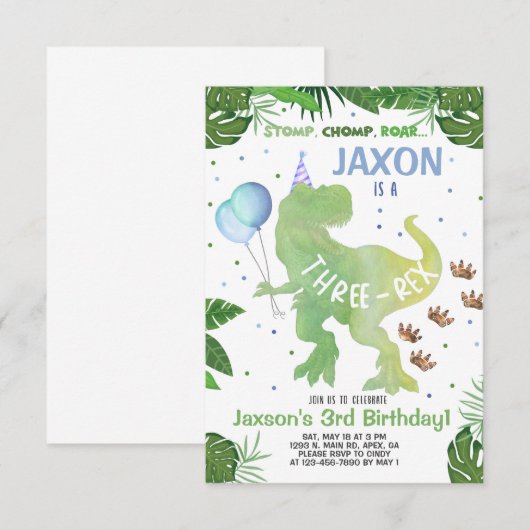 Dinosaurus jongen verjaardag uitnodiging, Three-Re Kaart (Voorkant / Achterkant)