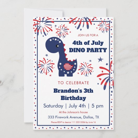Dinosaurus Jongen Verjaardag Vuurwerk 4th of Juli Kaart (Voorkant)