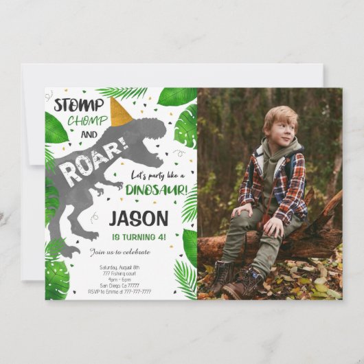 Dinosaurus Jongen Verjaardagsfeestfoto Kaart (Voorkant)
