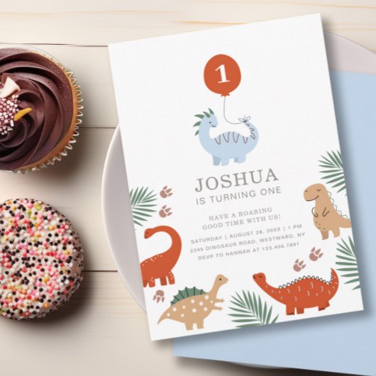 Dinosaurus Jongens Eerste 1e Verjaardag Feest Uitn Kaart