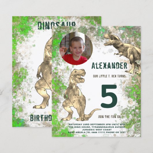 Dinosaurus Jongens Verjaardagsfeest Foto (Voorkant / Achterkant)