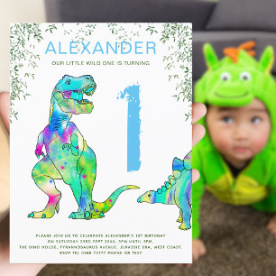 Dinosaurus jungle 1e verjaardagsfeest Budget blauw Uitnodiging Briefkaart
