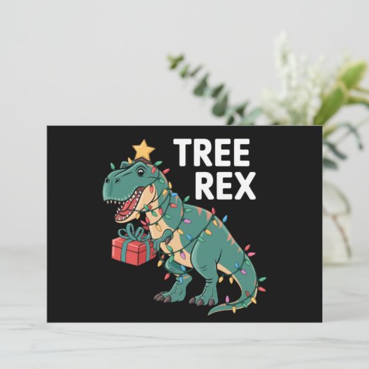 Dinosaurus Kerstboom Rex Pyjama Kerstlichten Feestdagenkaart (Staand voorkant)