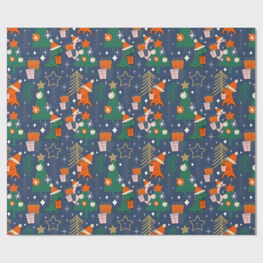 Dinosaurus Kerstfeest Blauw Cadeaupapier (Vlak)