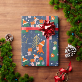Dinosaurus Kerstfeest Blauw Cadeaupapier