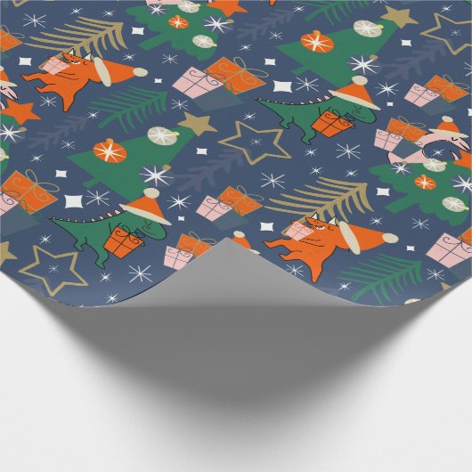 Dinosaurus Kerstfeest Blauw Cadeaupapier (Hoek)