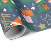 Dinosaurus Kerstfeest Blauw Cadeaupapier (Rol Hoek)